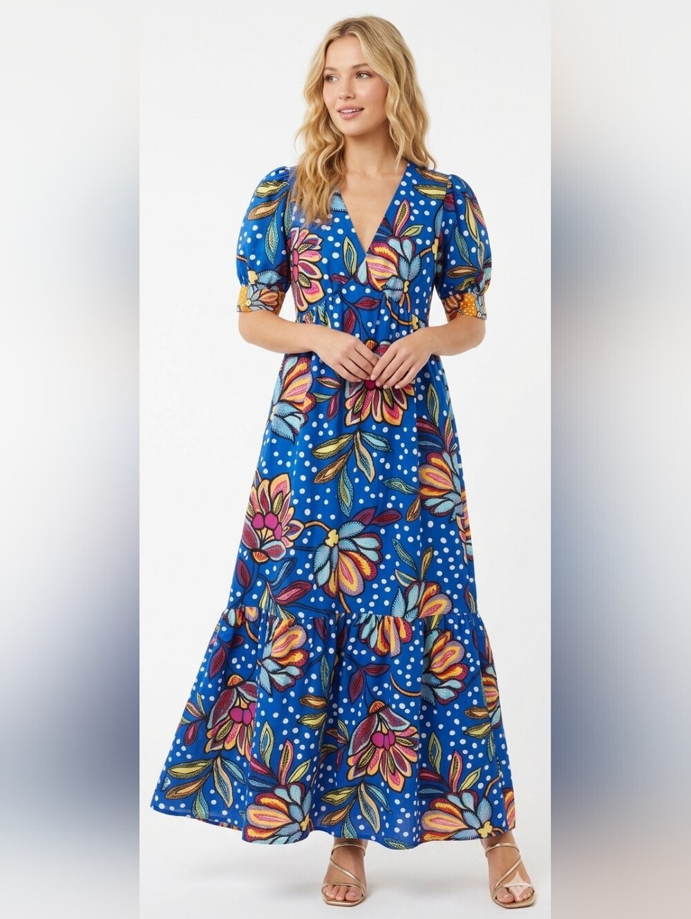 Tabitha Brown for Target Tropical Blue Floral Dot Puff Sleeve Maxi Dress Sz 4